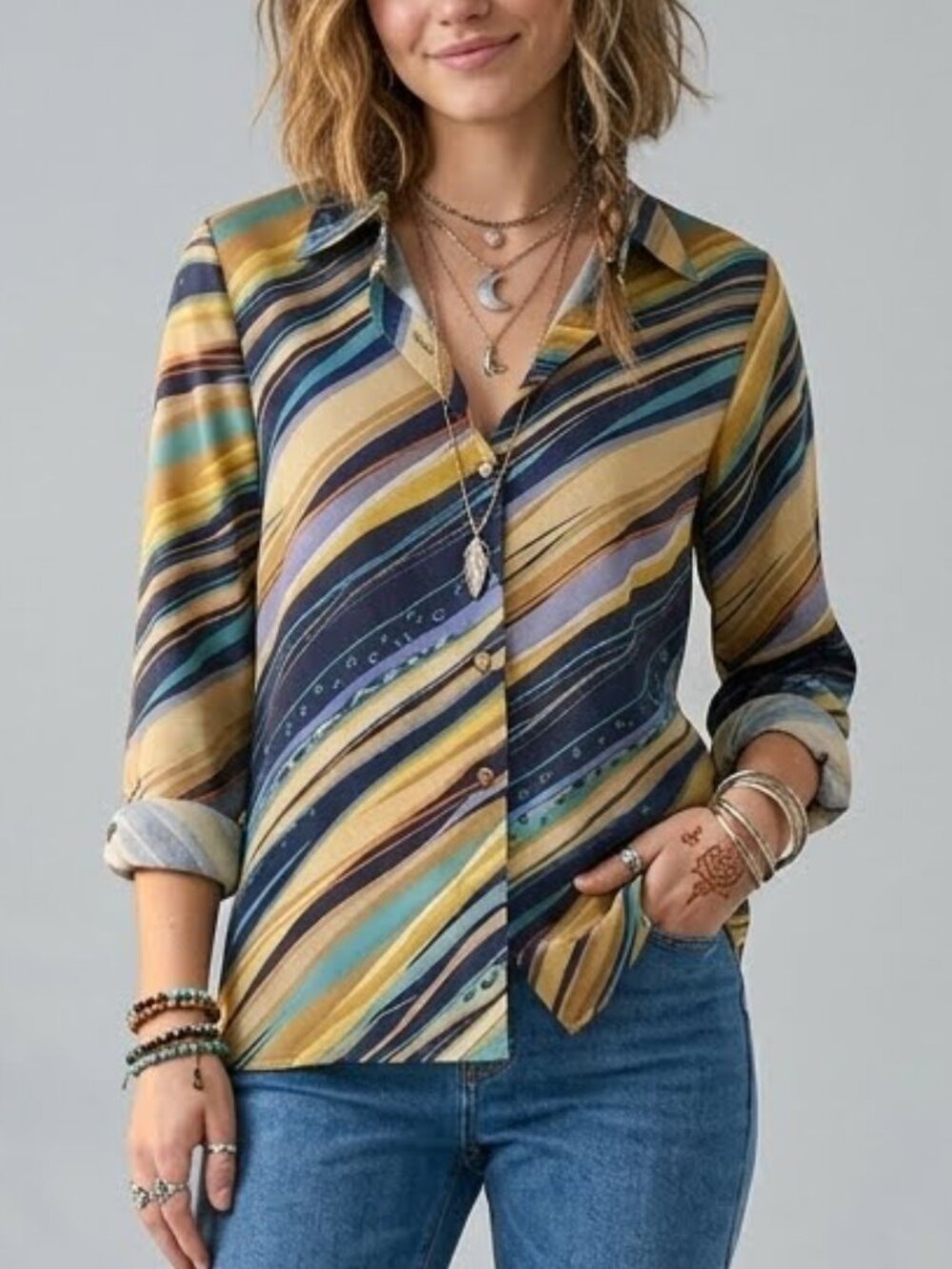 Beverly Rose Vintage 70s Retro Striped Psychedelic Disco Top Shirt Women's XL